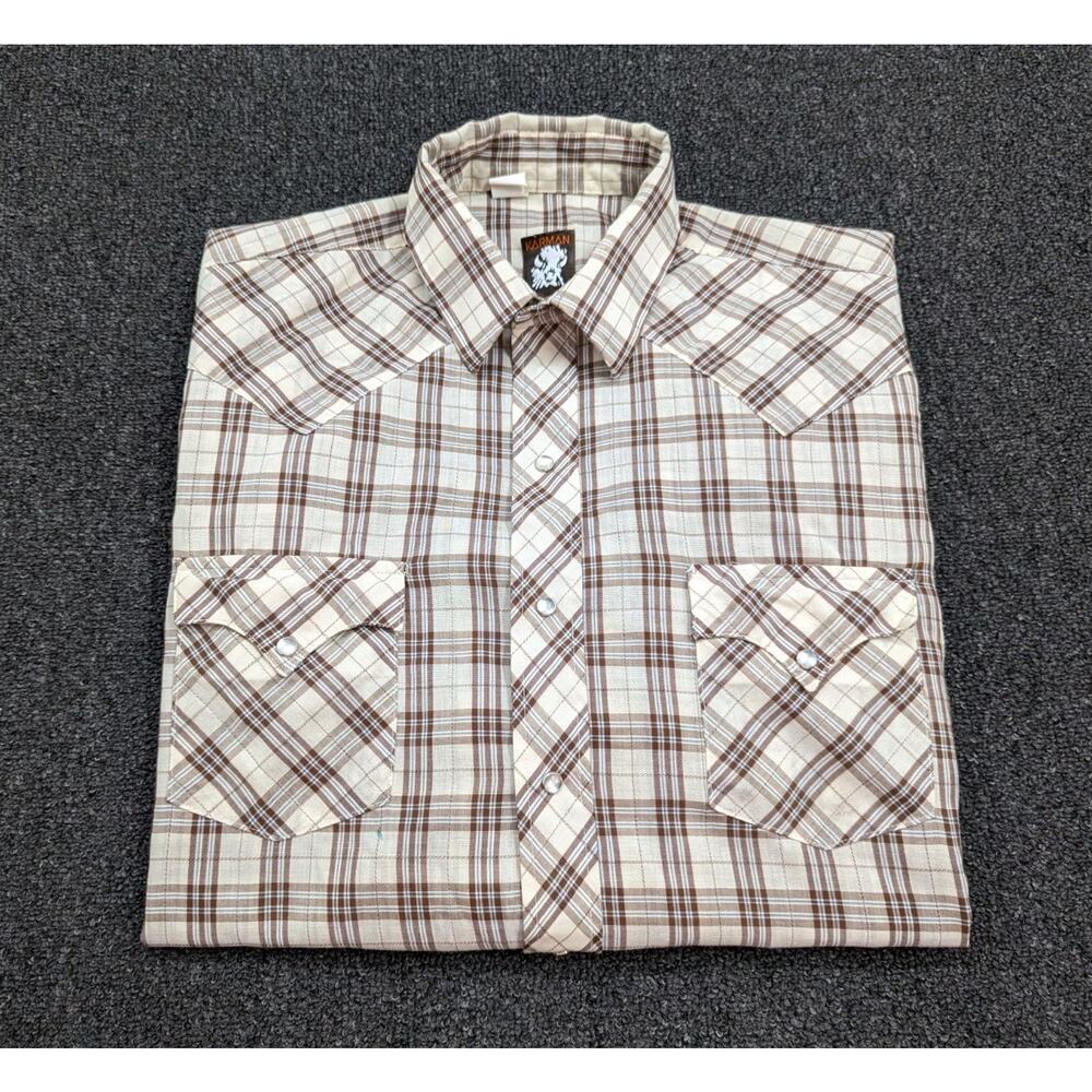 Karman Vintage Western Pearl Snap Shirt Mens Long Sleeve Tan Striped Size L/XL